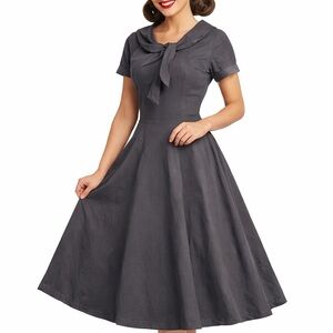 Gown Town Vintage-Inspired Gray Fit & Flare Dress with Bow Tie